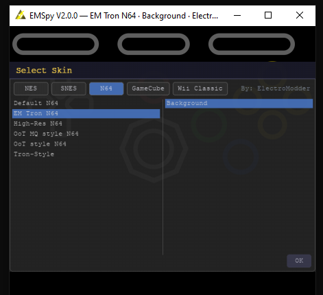 Select Skin dialog with per-controller tabs